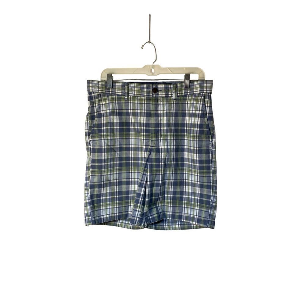 Lands’ End men’s blue and green cotton plaid chino shorts, preppy 33